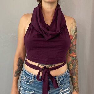 Festival Hooded Plum Halter Crop Top With Tie